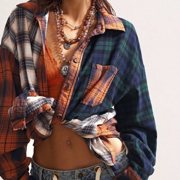 Tops - Multicolor Boho Women's Patchwork Long Sleeve Button-Up Plaid Blouse